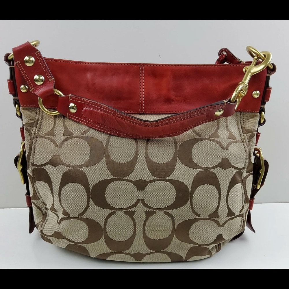 Coach F12674 Zoe Signature C Khaki Jacquard Red Leather Hobo Shoulder Bag - Picture 2 of 16